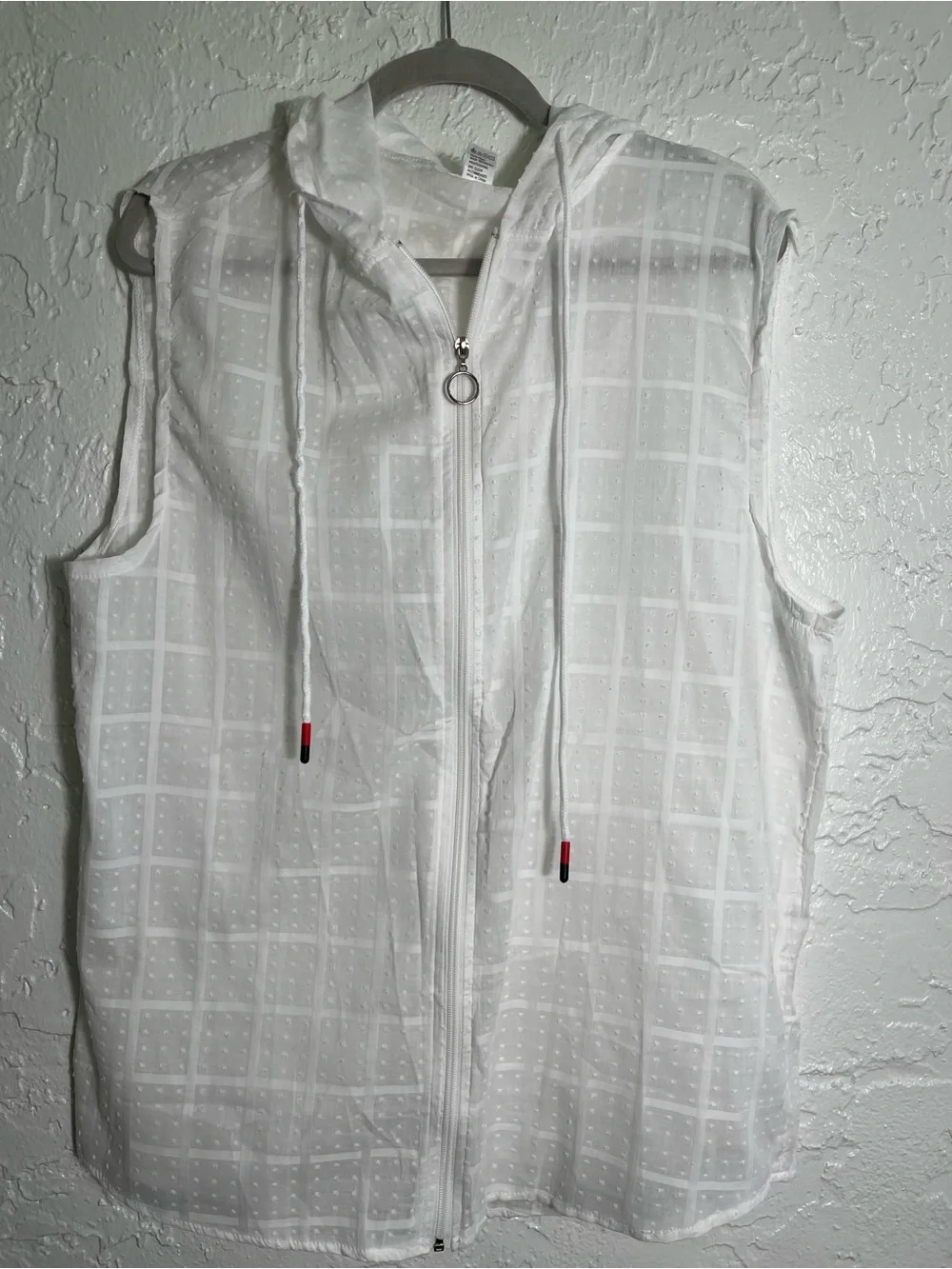 Women’s White Sleeveless Hooded Zip Up‎ Top XXL Cotton Swiss Dot Casual